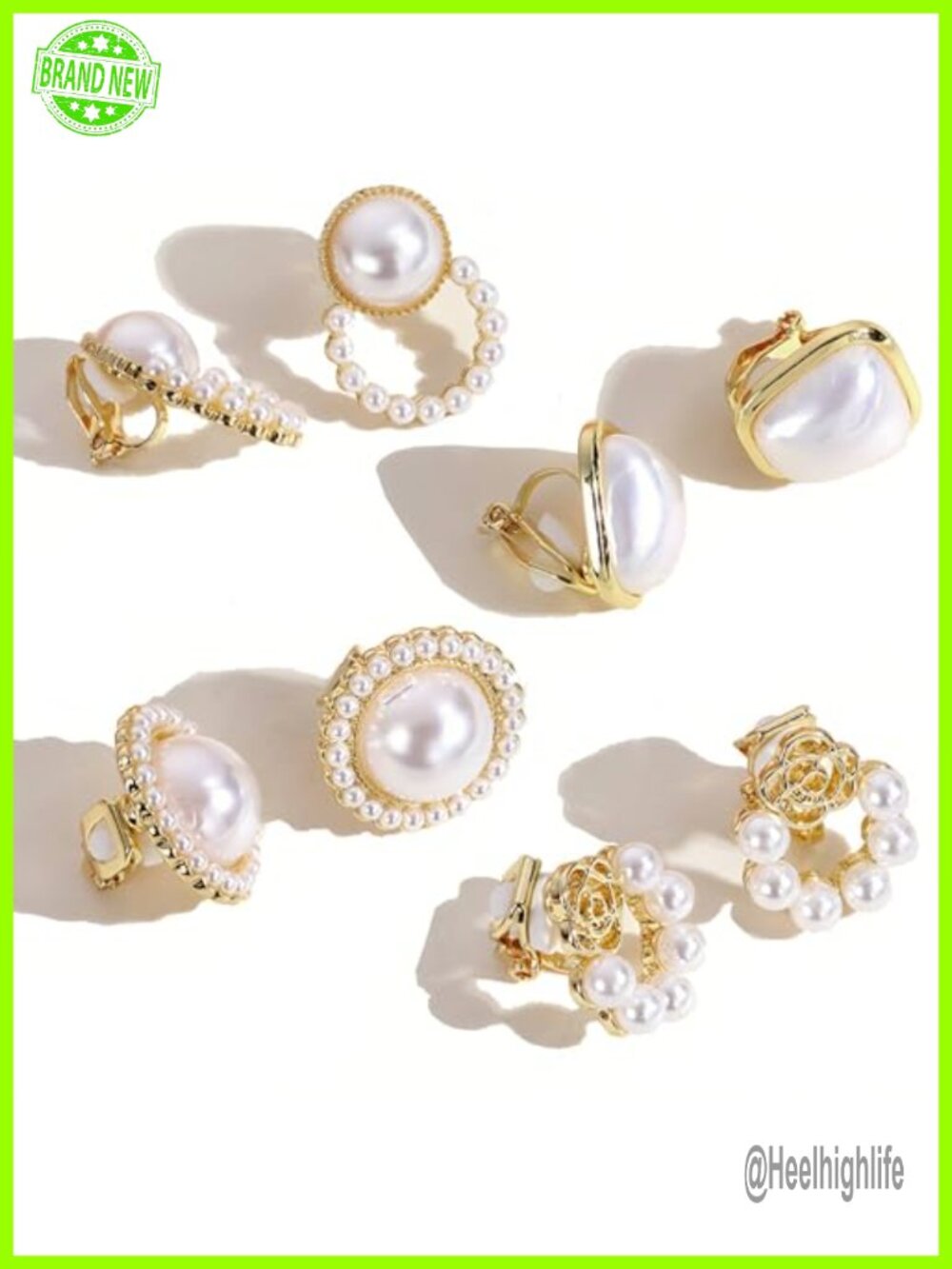 4 Pairs Clip On Stud Earrings Pearl Accented Gold Brass Non Pierced Set